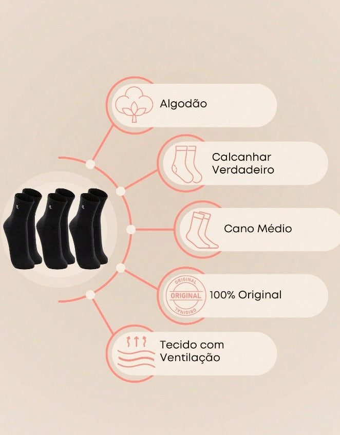 Kit com 3 Pares de Meias Cano Médio Unisex Lupo Sport em Algodão