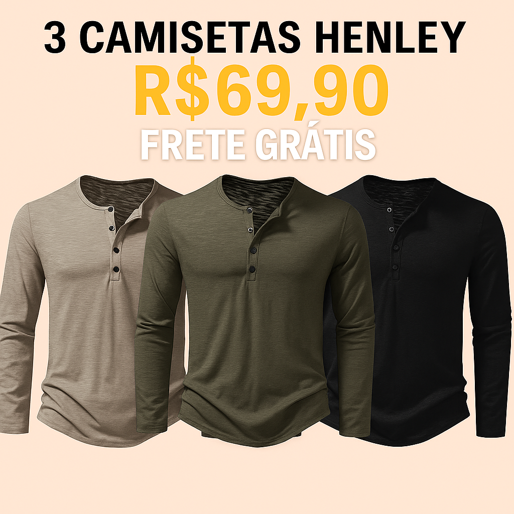 KIT 3 Camiseta Manga Longa Gola Henley Masculina