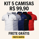 Kit 5 Camisas Polos Masculinas Animals - Branco, Azul, Cinza, Vermelho e Preto