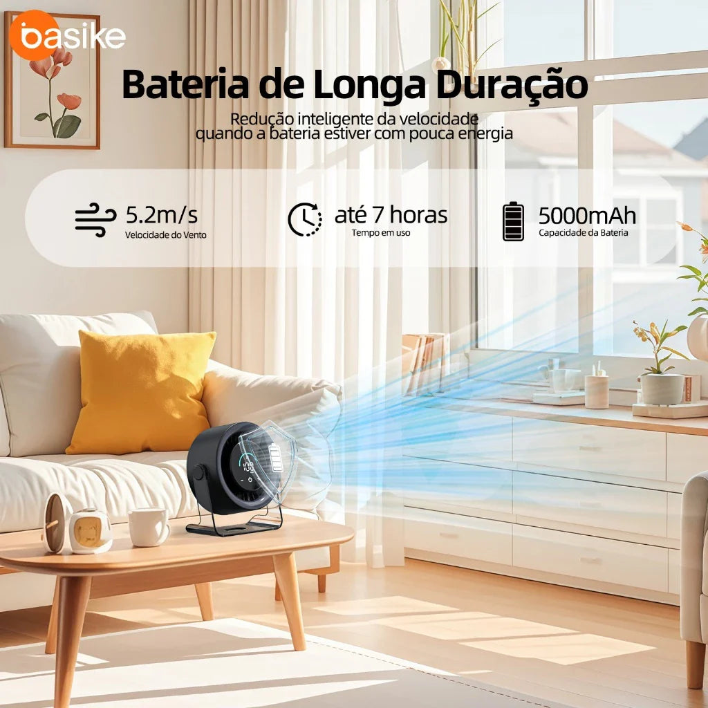 Ventilador Mesa 100 Níveis Display Digital 5000mAh Bateria 7H Silencioso 30dB USB