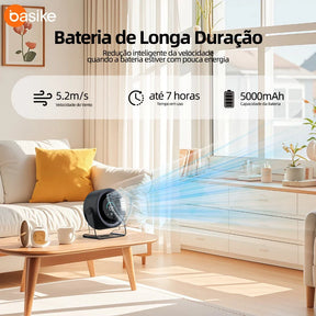 Ventilador Mesa 100 Níveis Display Digital 5000mAh Bateria 7H Silencioso 30dB USB